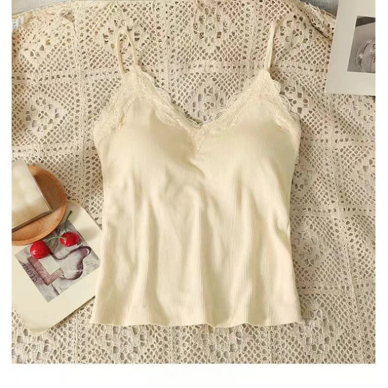 Women Sleeveless Tank Tops Solid Color Korean Version V Neck Slim Fashion Lace Stitching With Chest Pad Camisole
