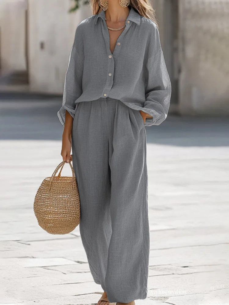 Simple Cotton Linen Women's Suits Summer Fashion Long Sleeve Loose Blouse Wide Leg Pants Two Piece Set For Women Casual Outfits