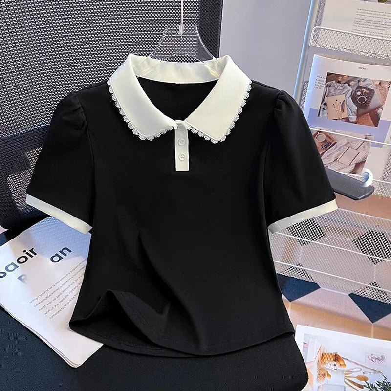 Women Peter Pan Collar Short Sleeve T Shirt Summer New Design False Two Piece Top Blouse