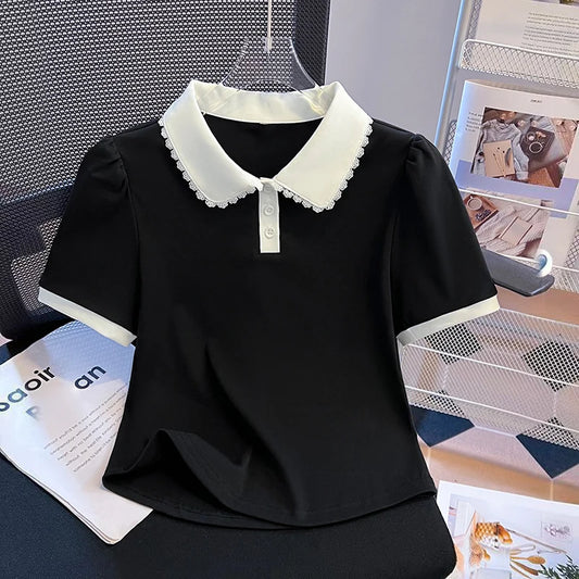Women Peter Pan Collar Short Sleeve T Shirt Summer New Design False Two Piece Top Blouse