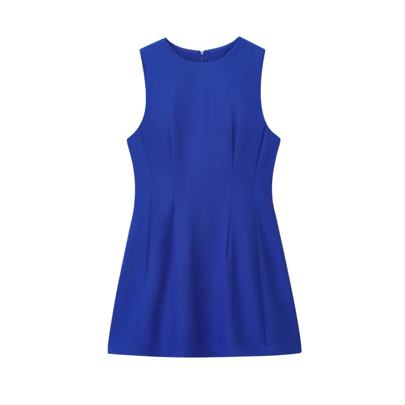 ETJ2025 summer new  women's ZW series elegant simple classic puffy round neck sleeveless waist short dress