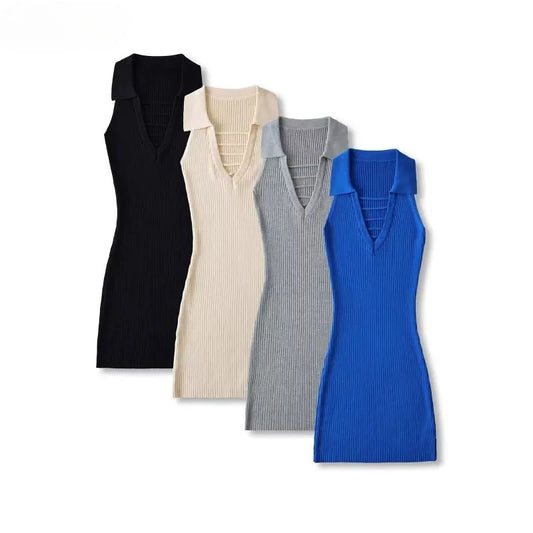 French Style Vintage Polo Collar Sleeveless Knitted Dress Solid Color Bodycon Wrap Mini Dress Outfits 2026 New Summer Women