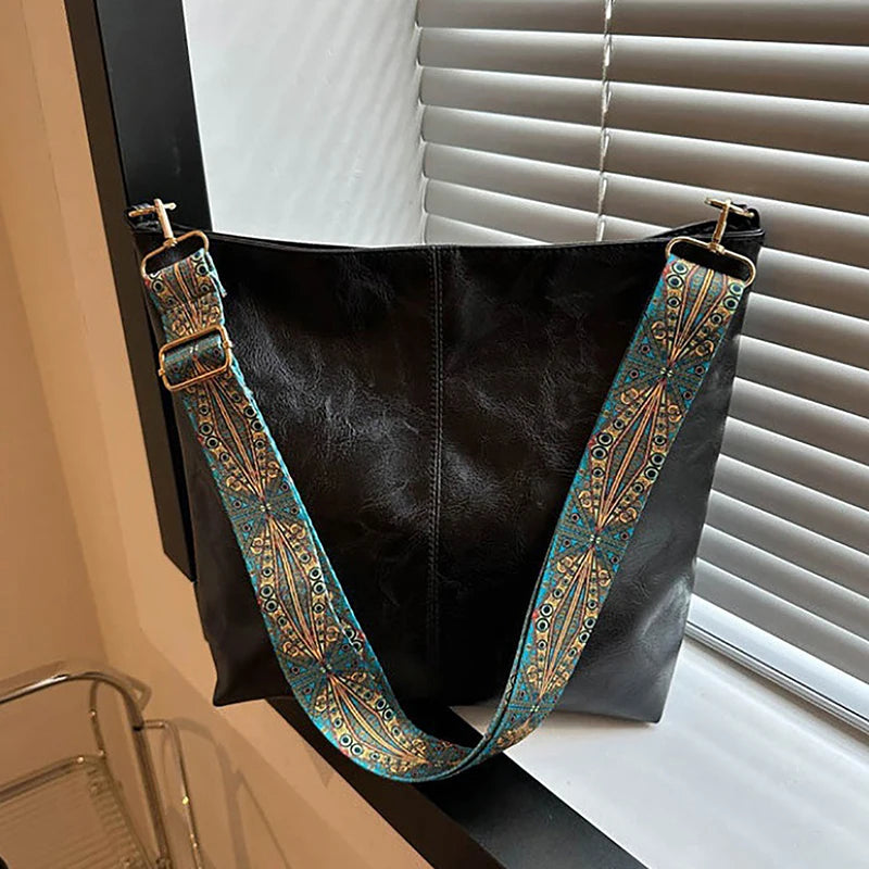 Wide Geometric Strap Shoulder Bag Large Capacity Crossbody Bags For Women,Retro Pu Leather Women's Bag For Shopping Travel