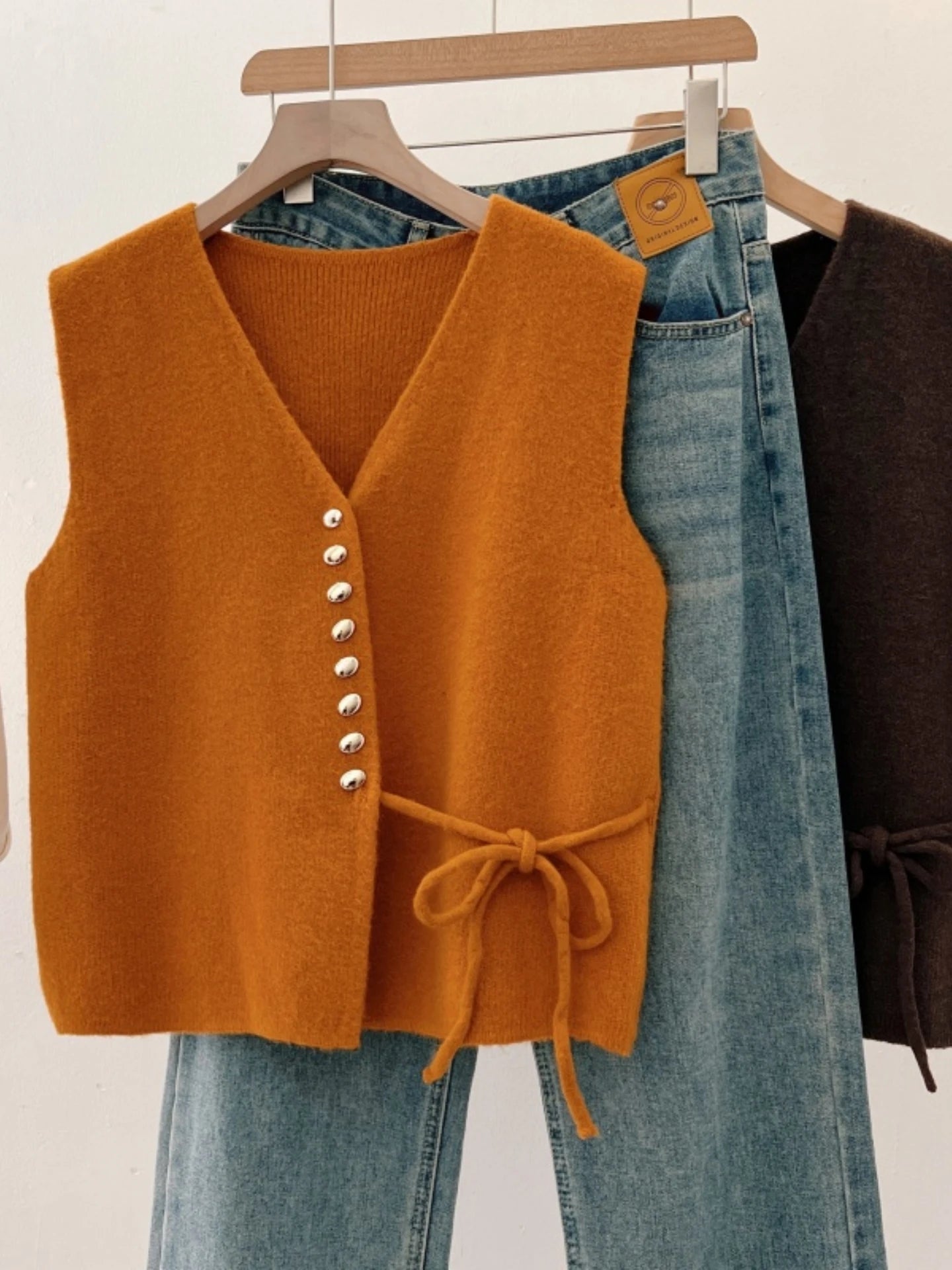 V-Neck Knitted Open Cardigan Vest Women's Outerwear Spring Autumn plus Size Slimming High-End Feelings Belted Short Top