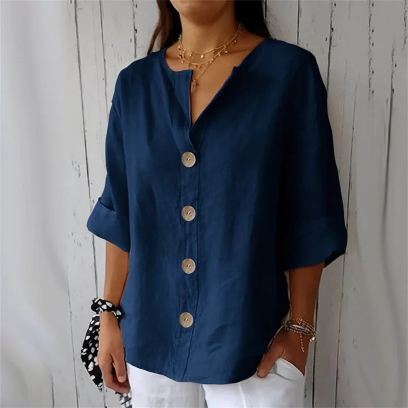 Loose Shirt Women's V-Neck Cotton Linen Button Top Casual Shirts Solid Fashion Elegant