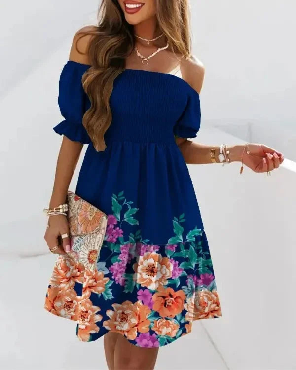 Women's Summer Short Sleeved Loose Bohemian Print Off Shoulder Pleated Mini Dress Party Dress Fashion