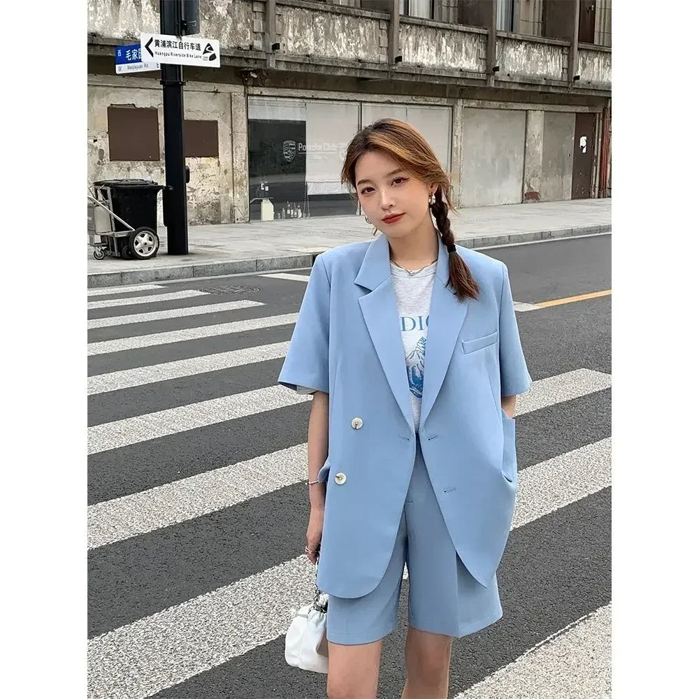 Korean Loose 2 Piece Women Short Set with Blazer Summer