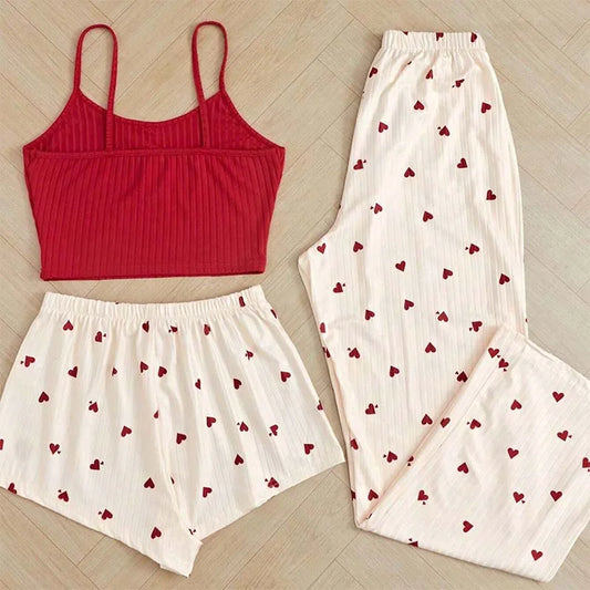 3 Pieces Pajamas Set Women Sleepwear Casual Heart-Shaped Printed Vest and Shorts and Pants Sets Homewear Pijamas
