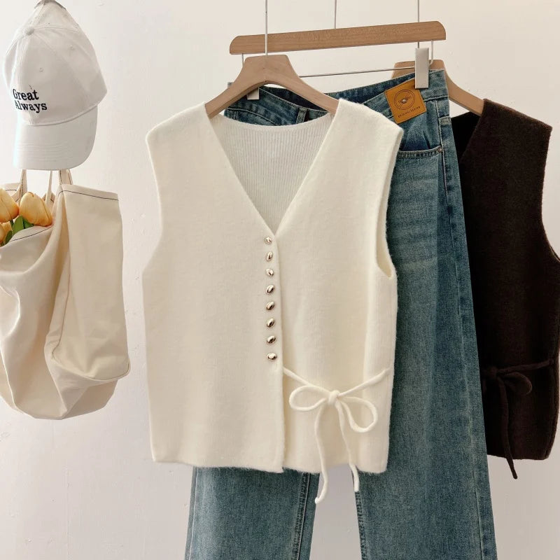 Elegant Pumpkin Orange Knitted Vest Women's Early Spring New Style plus Size Waist-Cinching Layering Vest V-neck Design