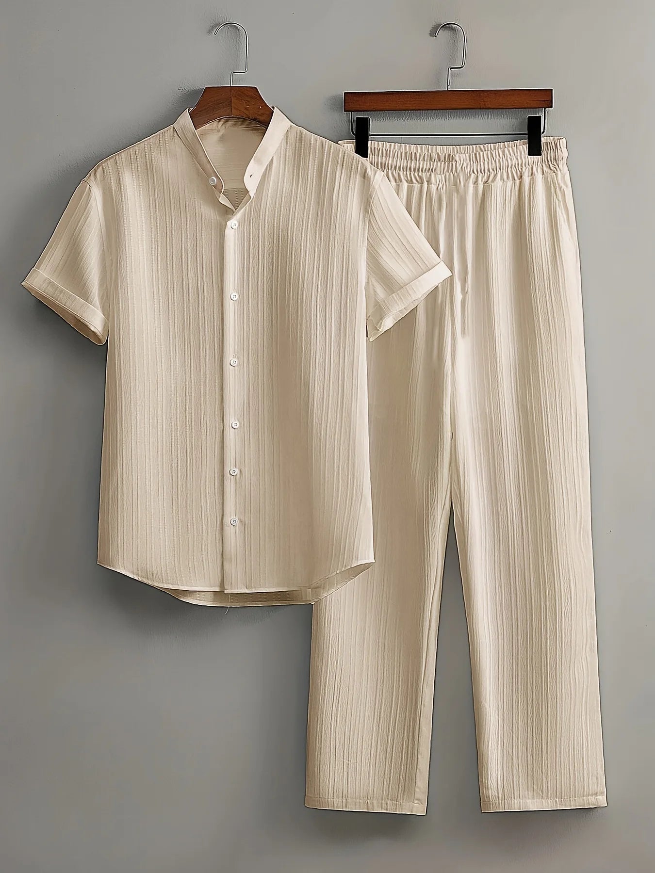 Men's Summer White Suit Outdoor Travel Suit Solid Color Vertical Strip Lapel Short-sleeved Shirt Drawstring Pants Two-piece Set
