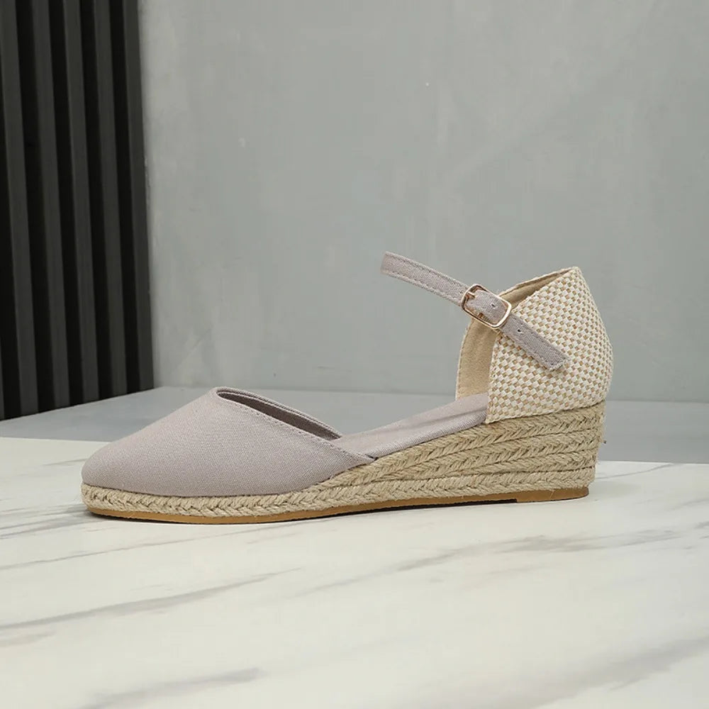 Baotou Sandals for Women's 2026 Summer Grass Woven Hemp Rope Slope Heel Shoes Women Round Toe Thick Sole Buckle Womens Sandals