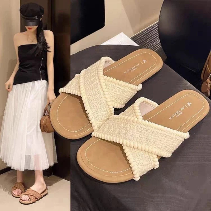 2026 New Arrival Women's Woven Cross Strap Slides – Casual Flat Sandals for Daily Street Style, Comfortable Footwear for Summer