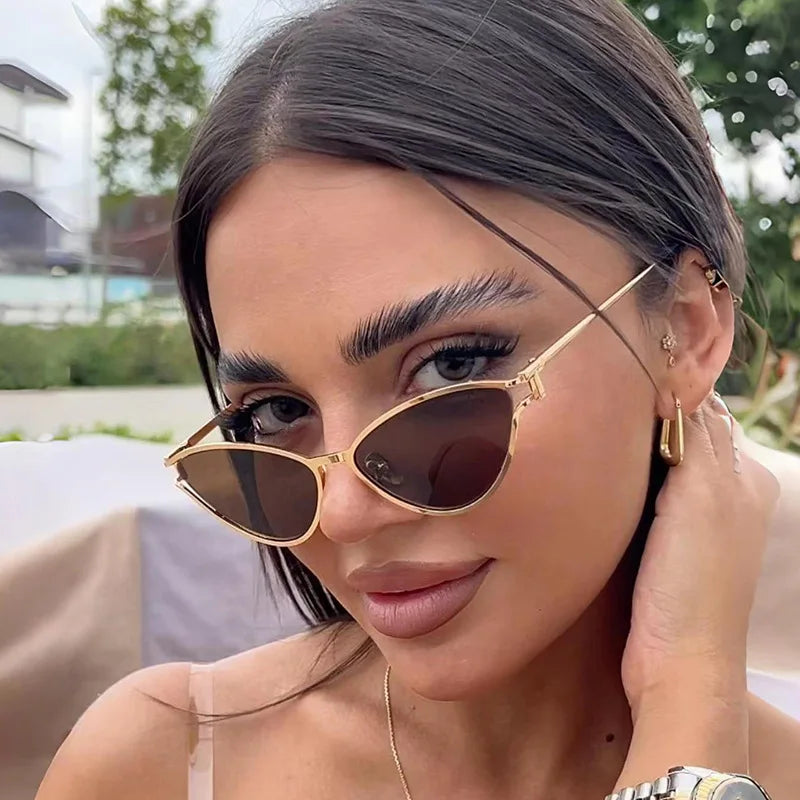 Brand Small Cat Eye Sunglasses Women Luxury 2042 Unique Metal Frame Brown Sun Glasses Trendy UV400 Eyewear Shades Vintage