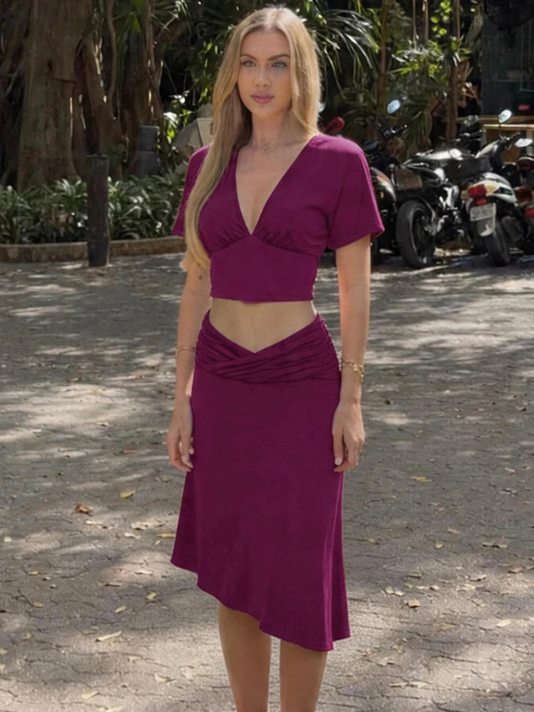 Nibber Daily 2 Piece Set Woman V-Neck Backless Short Sleeve Crop Tops+A-Line Low Waist Mid Skirts Ruched Elegant Casual Suits