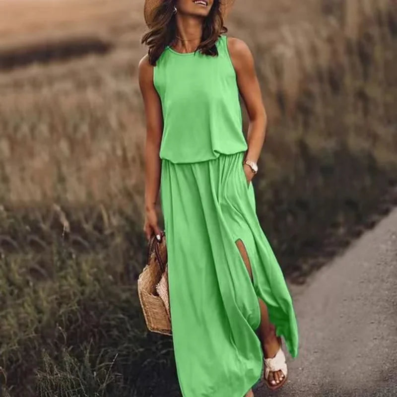 Women's Summer Sleeveless Maxi Dresses 2026 New Arrival Solid Color Casual Long Dress with Side Slit Dress for Ladies ﻿