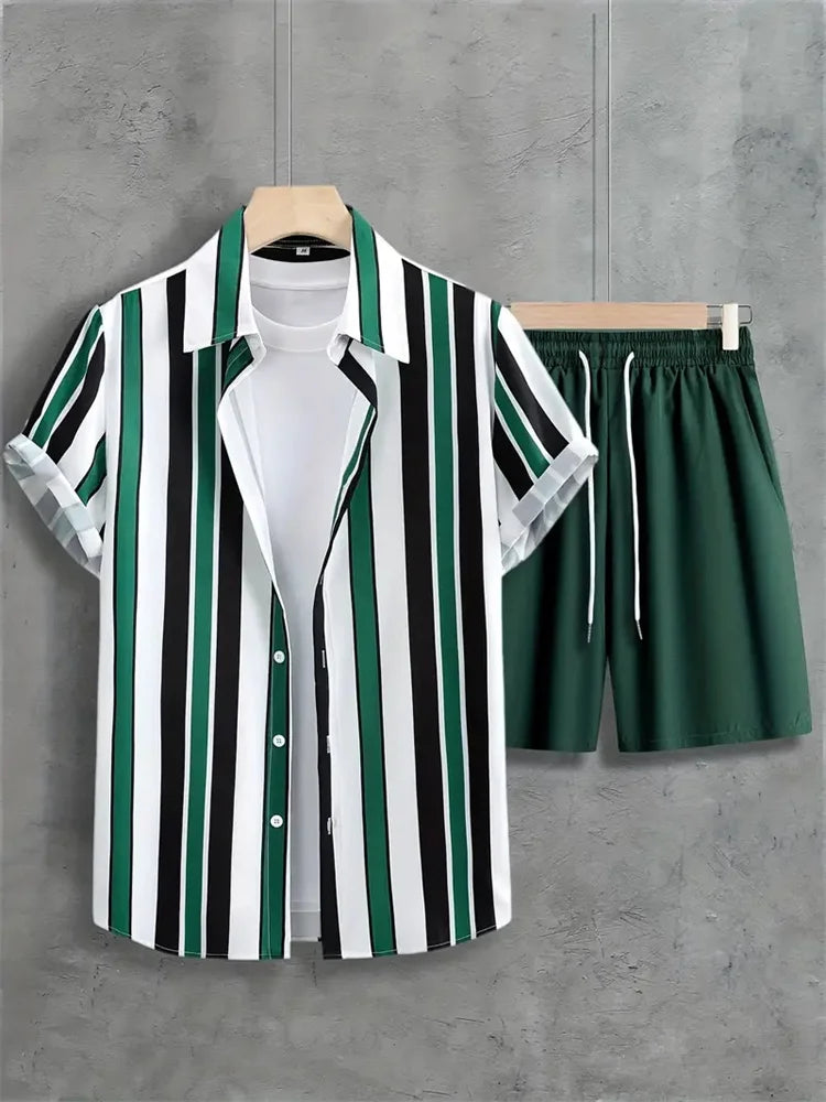 2024 Summer Men's Casual Commuter Suit Men's Striped Printed Shirt Short Sleeve Shorts 2-Piece Men's Hawaiian Beach Style Wear