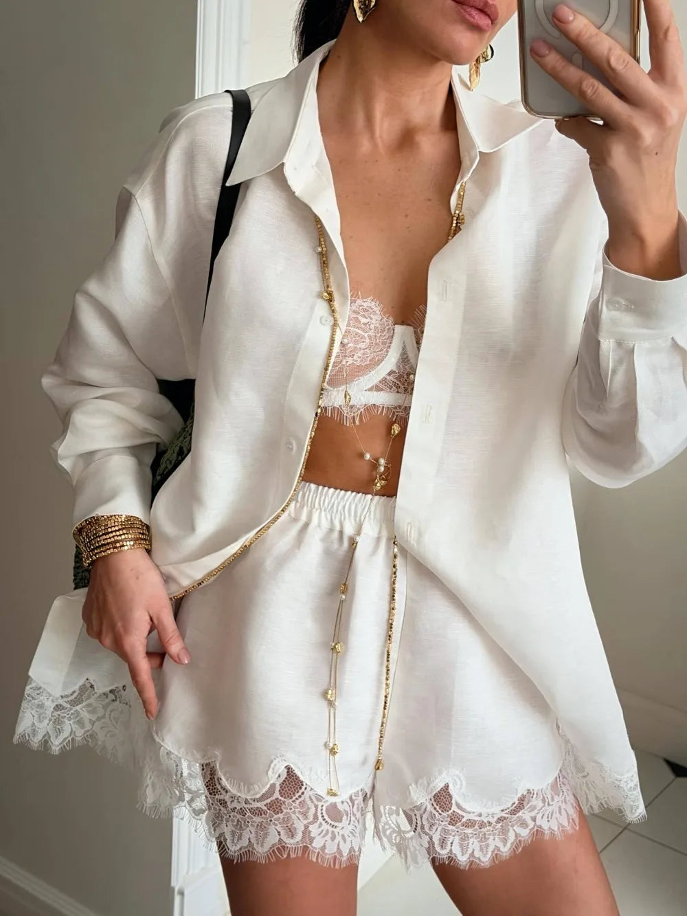 2026 New Summer Women's Lace Patchwork Shirt Shorts Two-piece