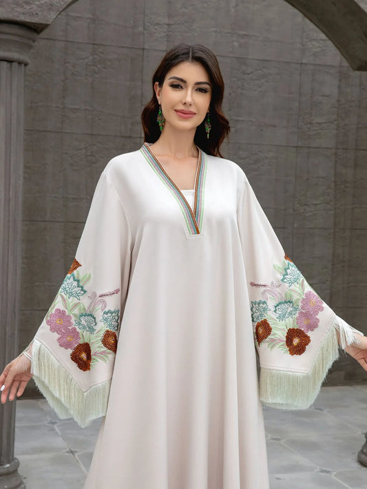 Elegant V Neck Tassel Abaya Modest Arabian Floral Abaya Long Muslim Jalabiya Abaya Luxury Kaftan Gown Women Plus Size