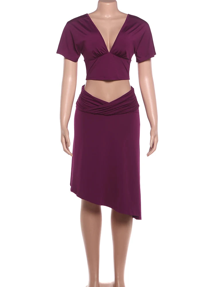 Nibber Daily 2 Piece Set Woman V-Neck Backless Short Sleeve Crop Tops+A-Line Low Waist Mid Skirts Ruched Elegant Casual Suits