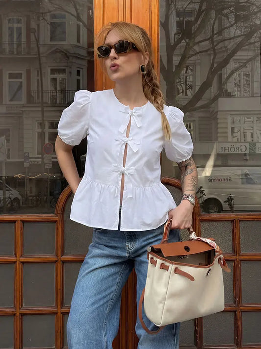 Blouse For Women Fashion Lace Up Short Puff Sleeve Shirt Y2k Solid Girls Sweet Top Summer Female Casual Streetwear Shirts