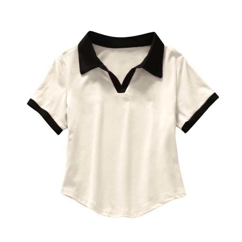 V-Neck Short Sleeve Polo Shirt Chic Slim Fit Versatile T-Shirt Sexy Crop Tops