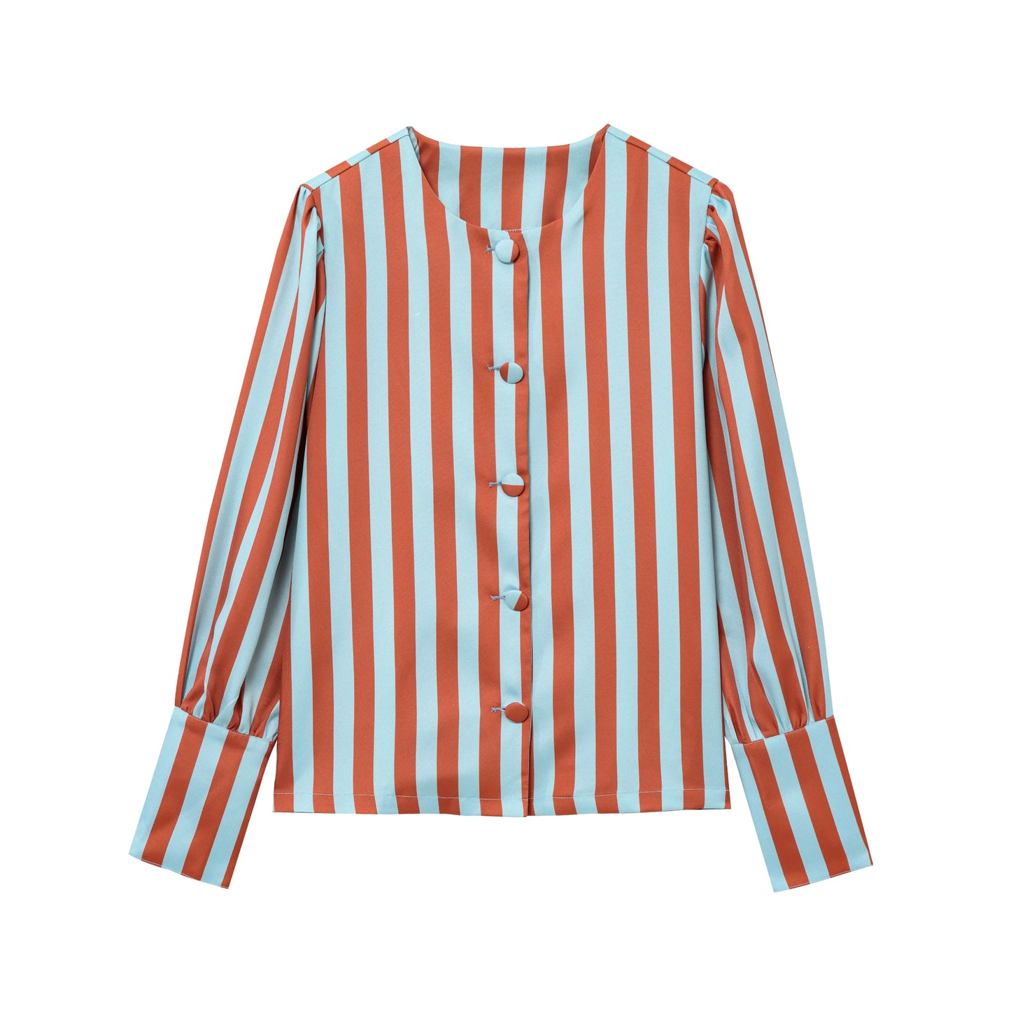 Women Striped Jacket Coat 2026 Autumn Female Chic Women's Fit Shirt O-neck Puff Sleeve Single Breasted Outwear Coats