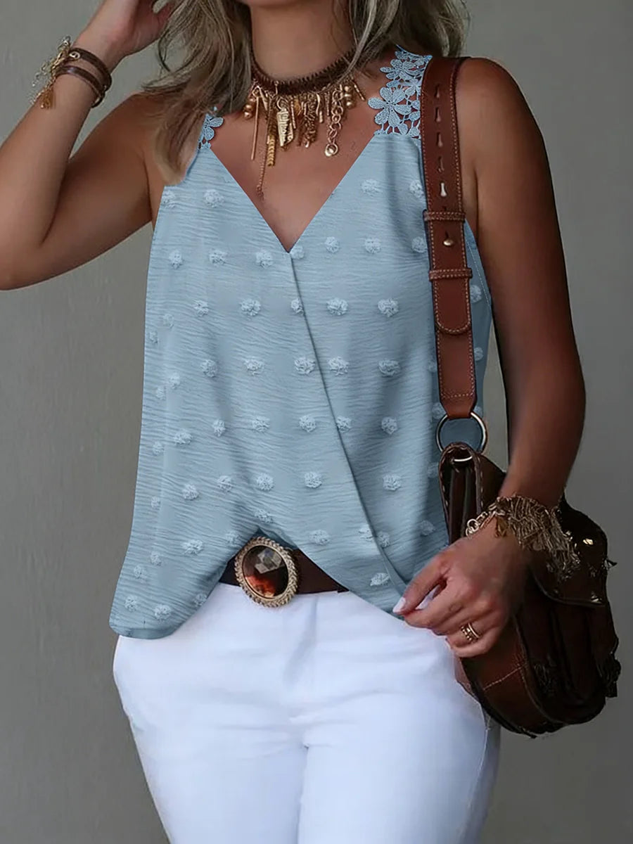 Women's V Neck Swiss Dot Tank Top Lace Trim Loose Top Casual Tank Top Spring Summer Chic Tank Top Daily Lightweight Top