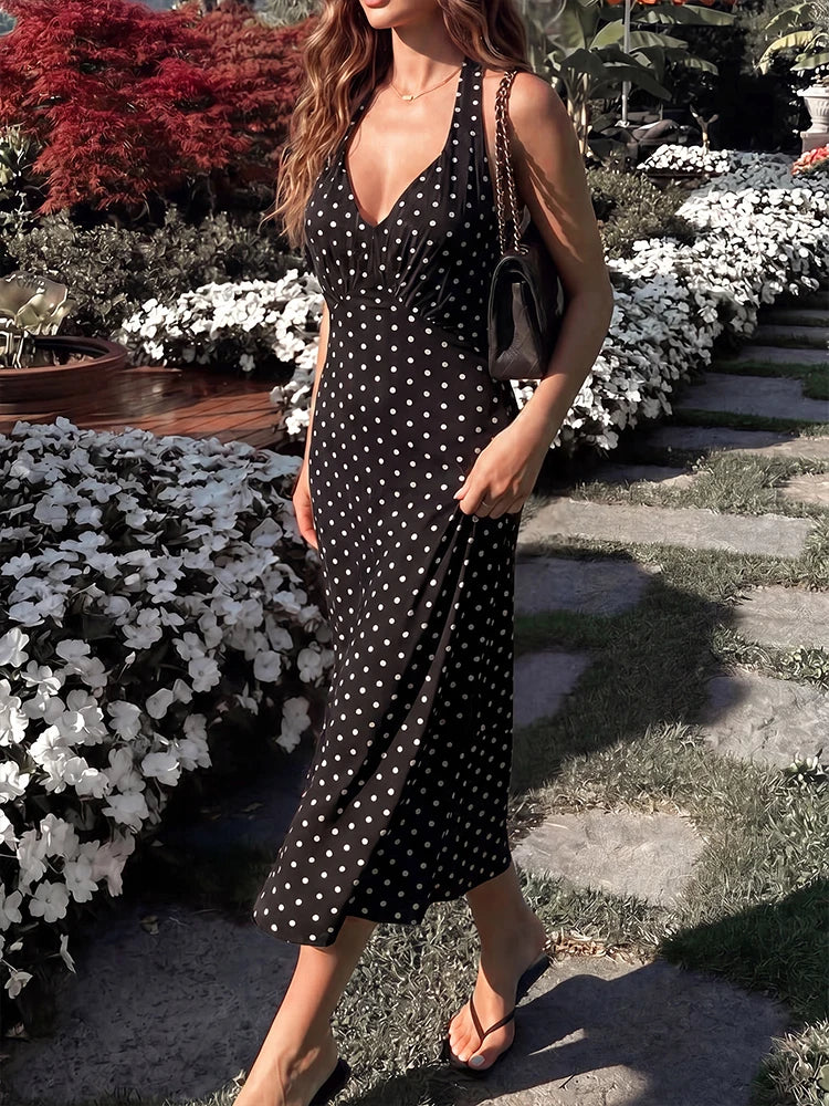 Summer New Women Polka Dot Hanging Neck Long Dresses Strapless Sexy Lace-up Sleeveless Backless Fashion Club Party Elegant Dress