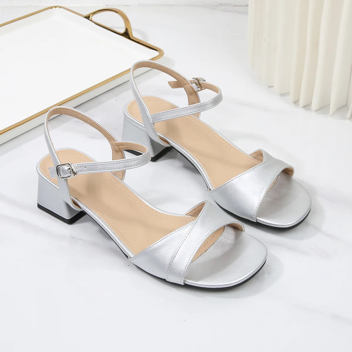Sandals for Women 2026 Summer Soft Leather Plus Size Thick Heel Straight Buckle Strap High-heeled Sandals Women's Heels Women