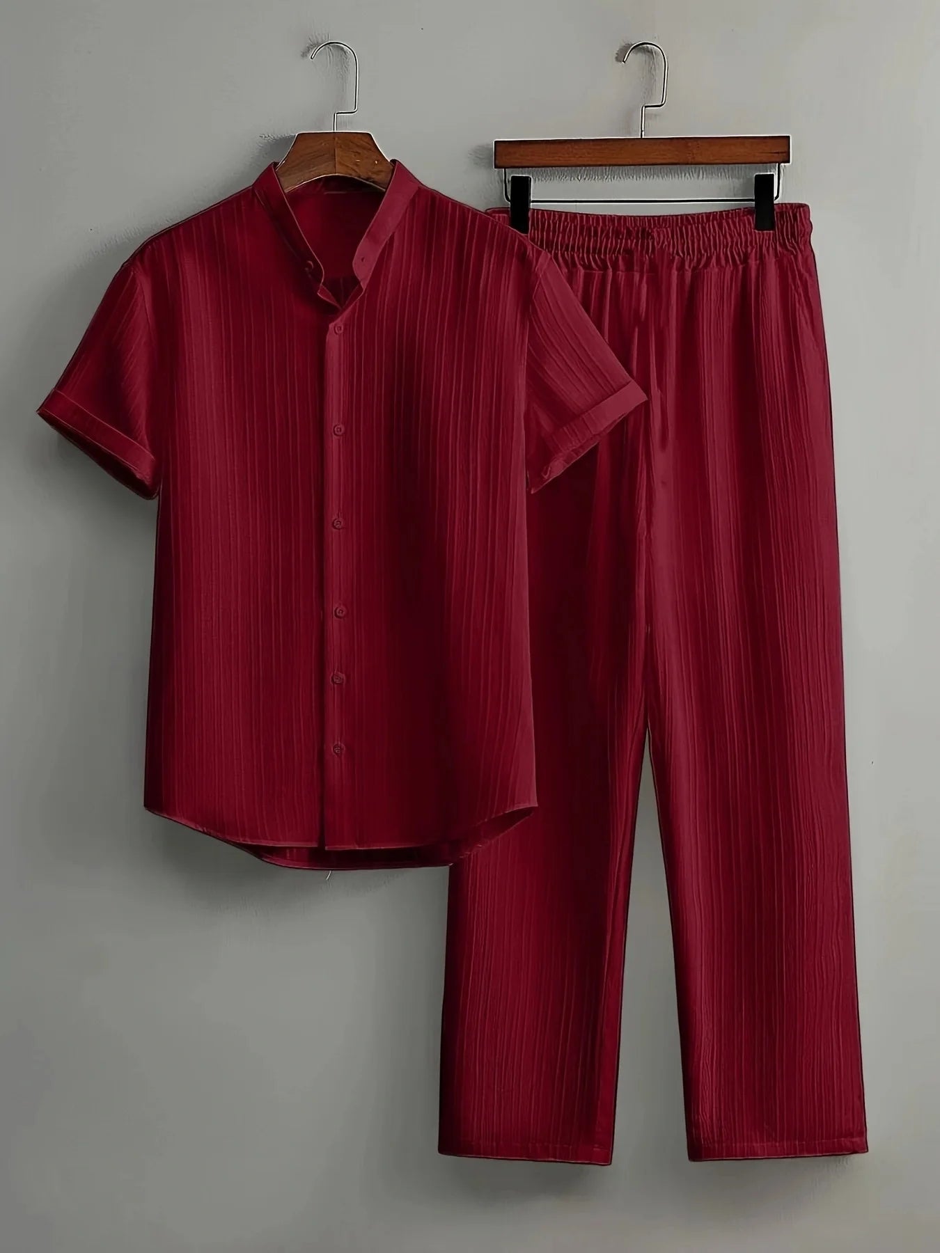 Men's Summer White Suit Outdoor Travel Suit Solid Color Vertical Strip Lapel Short-sleeved Shirt Drawstring Pants Two-piece Set