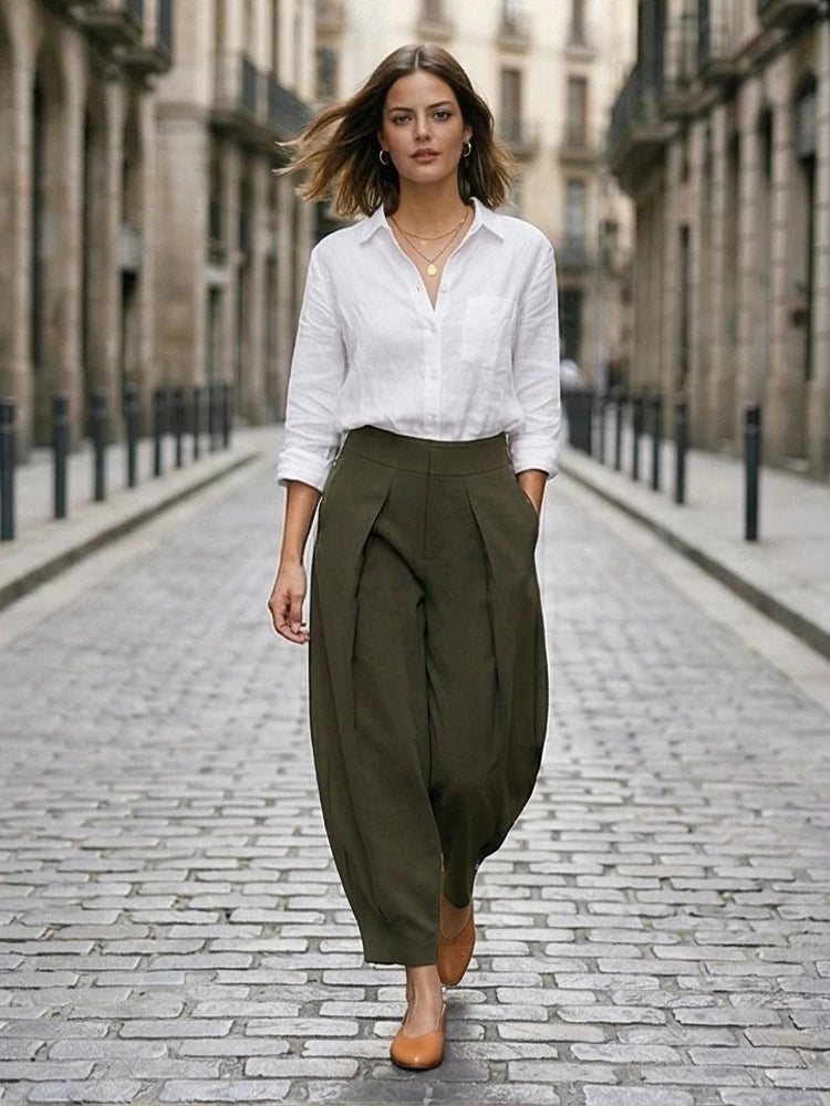 Willshela Women Fashion Solid Front Zipper Pleated Wide Leg Pants Vintage High Waist Full Length Female Chic Lady Trousers