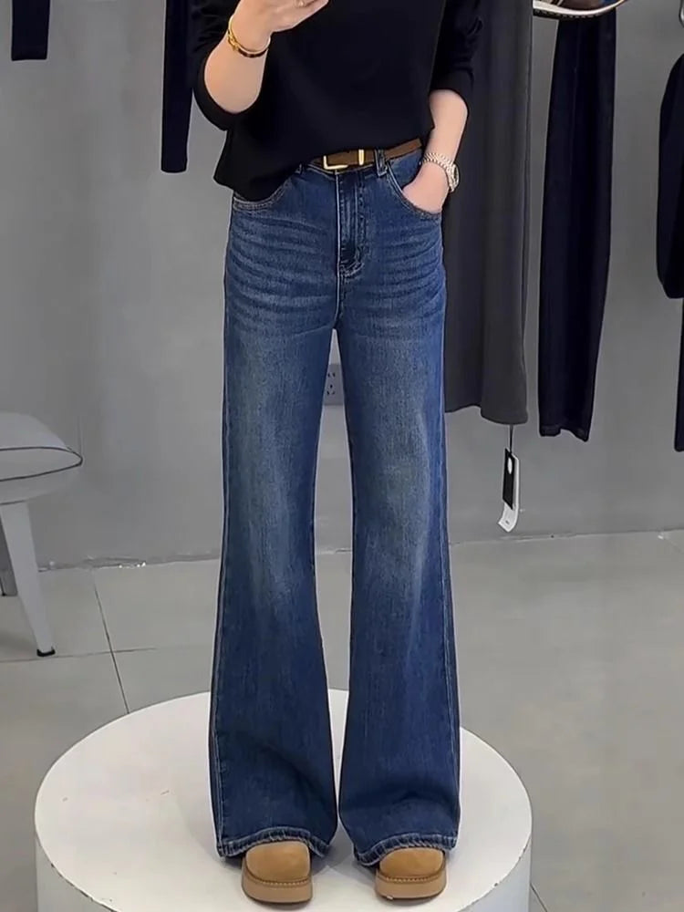 plus Size High Waist Straight Leg Bell Bottom Jeans Women's Spring Autumn New Style Slimming Floor Length Pants Fat MM