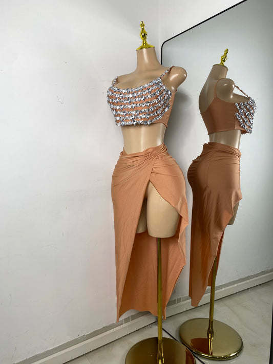 Women Sexy Sparkly Diamonds Crop Top Two Piece High Split Mesh Sheer Outfit Birthday Dress Nightclub Dancer Performance Costume