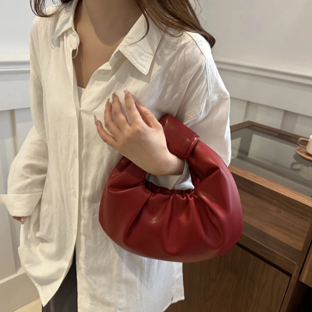 Mini Top-Handle Bags PU Leather Casual Shoulder Bags Pleated Handbag Underarm Bag for Ladies