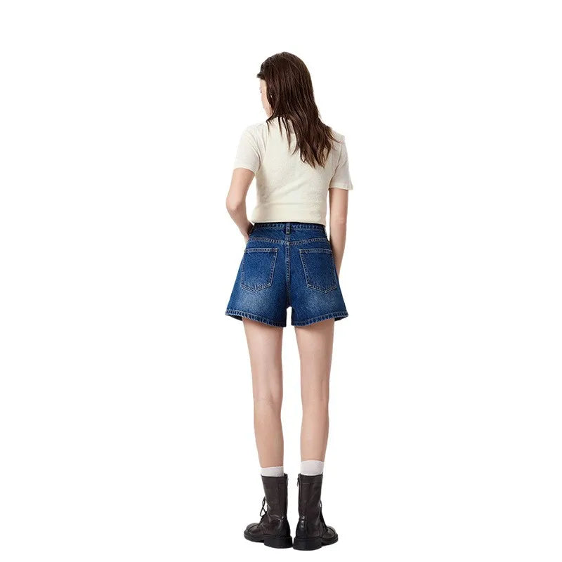 Blue A-Line Loose Fit Thin Denim Shorts Women's Summer Style High Waist Short Pants Casual Celebrity Fashion Jeans Cotton