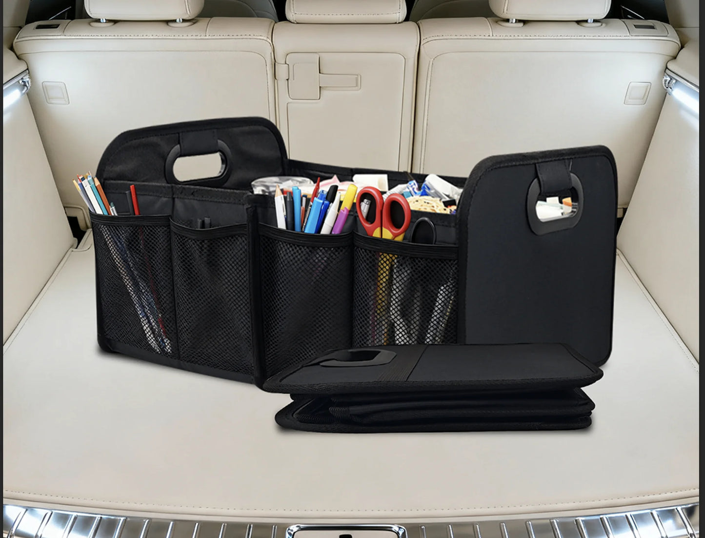 40L Foldable Portable Car Storage Box with Side Net, Car Trunk Organizer, Camping Outing Storage Box, Space-Saving Multi-Functional Storage Box, Non-Food Contact