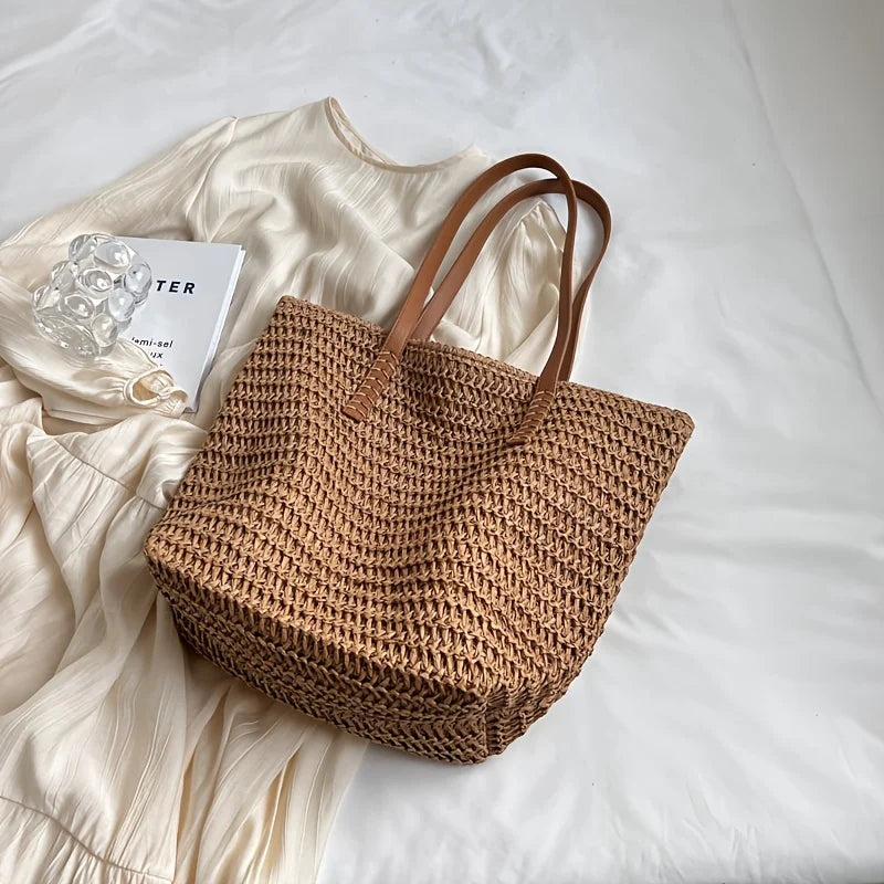 Fashionable and Versatile Women's Woven Bag with Zipper for Travel, Large Capacity Beach Bag, Handbag