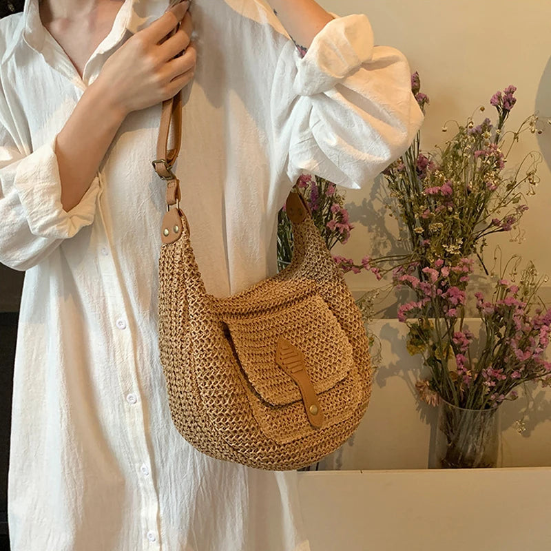 Woven Summer Fashion Straw Bag Beach Holiday Crossbody Bag Shopping Large Capacity Shoulder Handbag Messenger Ladies Women