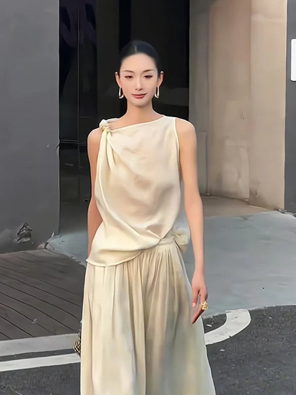 Summer 2025 Women's Knot Neckline Sleeveless Vest And Skirt Set Casual Stylish Half Body Fashion Ensemble Long Pants