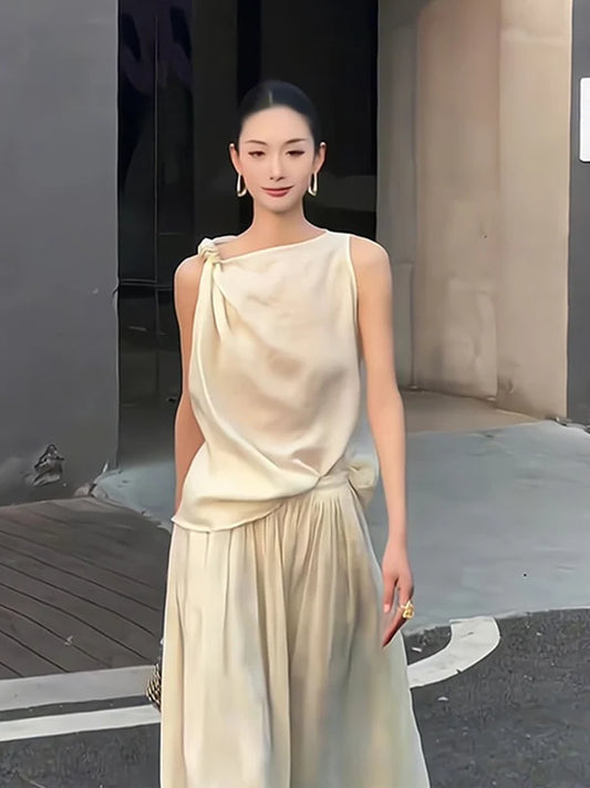 Summer 2025 Women's Knot Neckline Sleeveless Vest And Skirt Set Casual Stylish Half Body Fashion Ensemble Long Pants