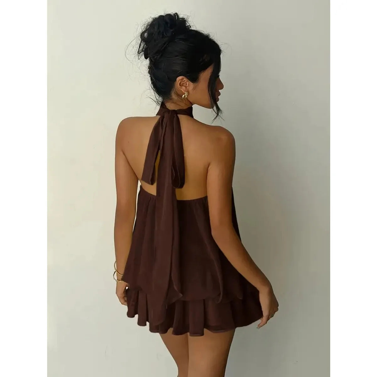 Women's Halter Neck Dress, Backless Tie-Front Chiffon Sheer Mini Skirt