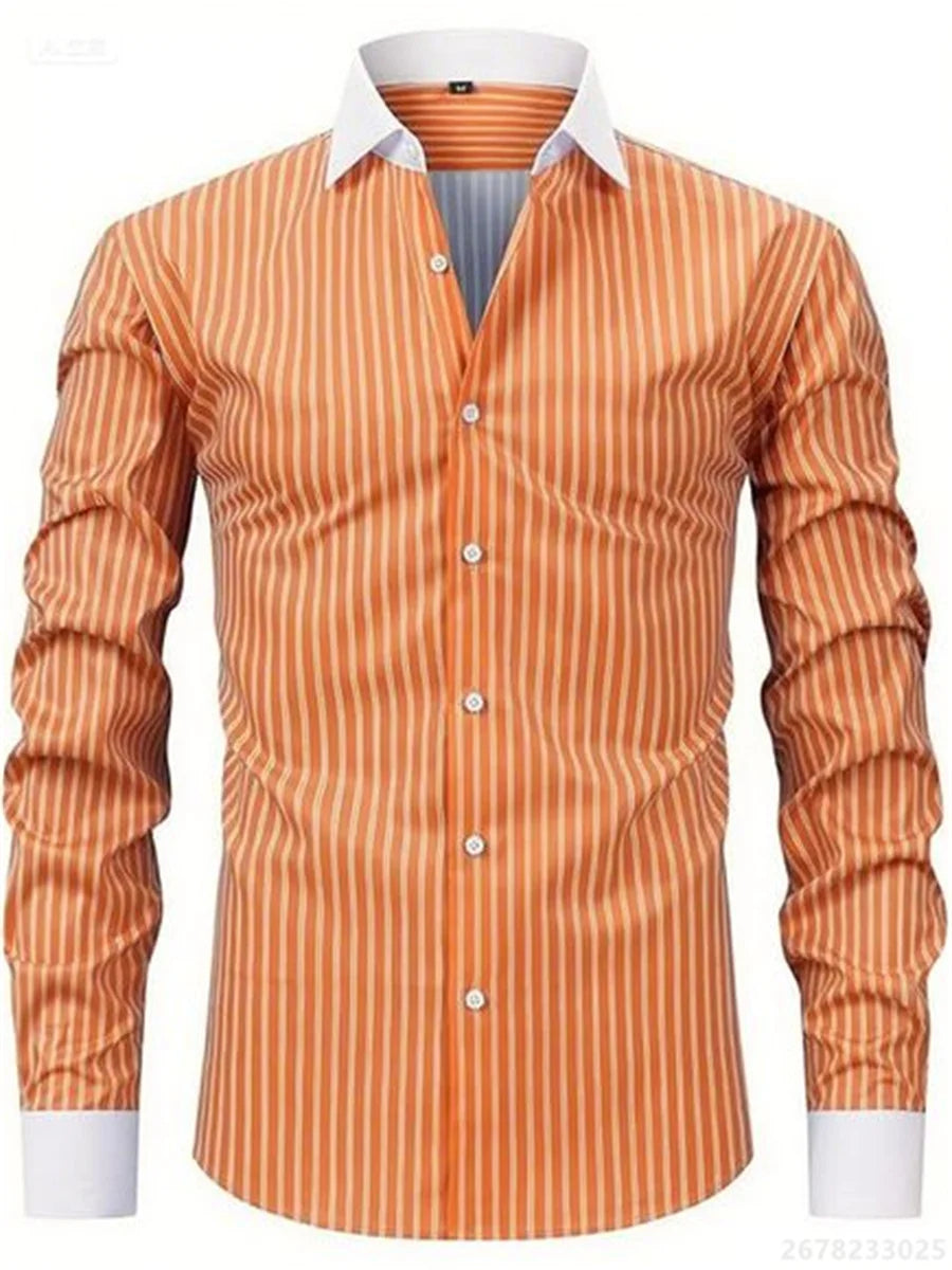 Men's shirts, long-sleeved lapel business formal button-down shirts, men's striped shirts, high-quality men's tops XS-6XL