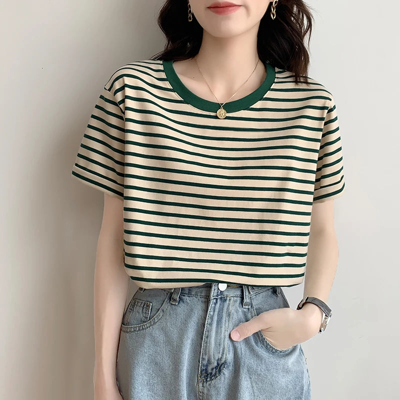REALEFT Summer Classic Striped Women's T-shirts 2026 New Short Sleeve O-neck Korean Casual Loose Shirts Knitwear Tops Female