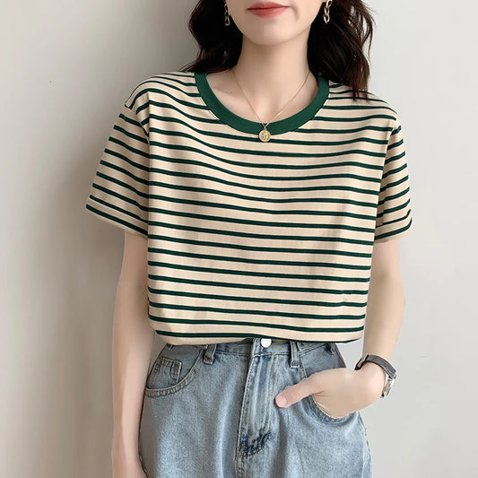 REALEFT Summer Classic Striped Women's T-shirts 2026 New Short Sleeve O-neck Korean Casual Loose Shirts Knitwear Tops Female