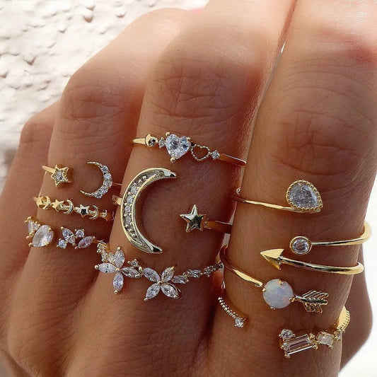 9Pcs/Set Vintage Gold Color Love Heart Butterfly Metal Rings Set for Women