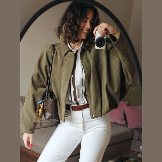 2026 Women's Bomber Jacket Lapel Long Sleeve Zipper Suede Jacket Women New High Street Cropped Racing Jackets Coats Outerwears