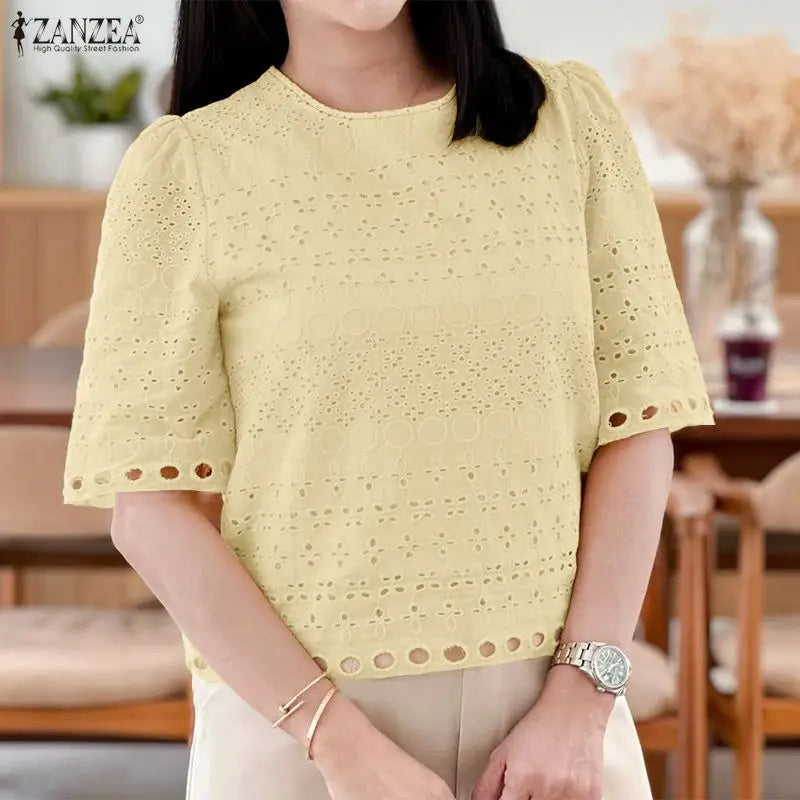 ZANZEA Summer Openwork Embroidered Woman Blouses O-Neck Half Sleeve Patchwork Pullover Tops Bohemian Casual Blusas de Mujer