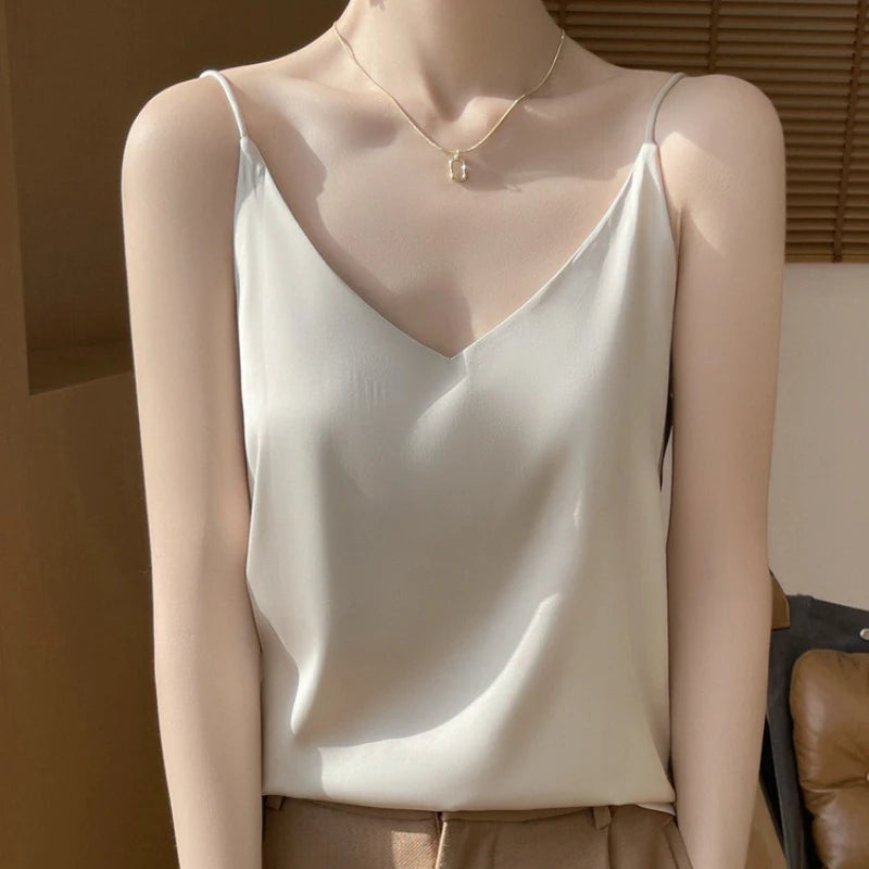 Summer Satin Women Camisole Sexy Sleeveless V-Neck Solid Spaghetti Strap Tank Tops French Fashion Soft Bottoming Shirt Innerwear
