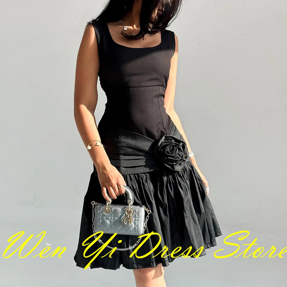 CustomizedFashion and Modern 3D Flowers A-Line Square Neck Cap Sleeve Jersey Cocktail Dresses Mini Length Pleats  Sleeveless Cus