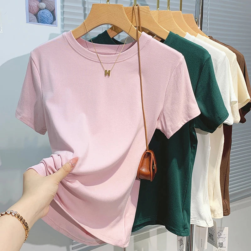 2026 New Women's 100% Cotton T-shirt Bottoming Basic Solid Lady Short Sleeve Tops Shirts Summer T Shirt